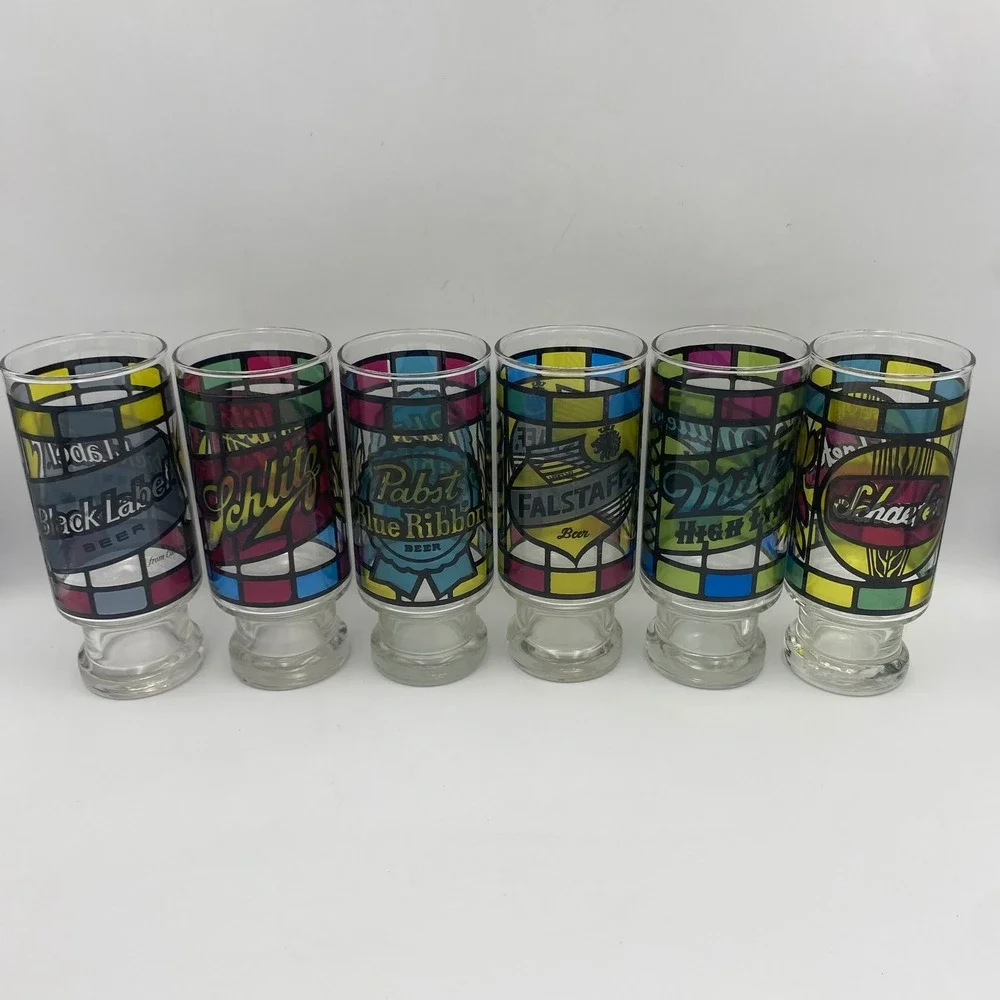 Vintage Stained Glass Beer Glasses Set of 6 PBR Miller Schlitz Falstaff Schaefer